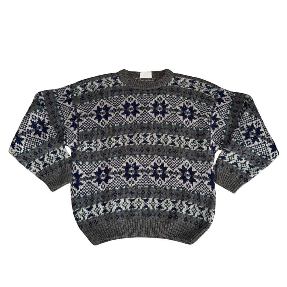 Alpaca Wool Sweater Mens Large Grey Fair Isle Knit Excellent Nordic